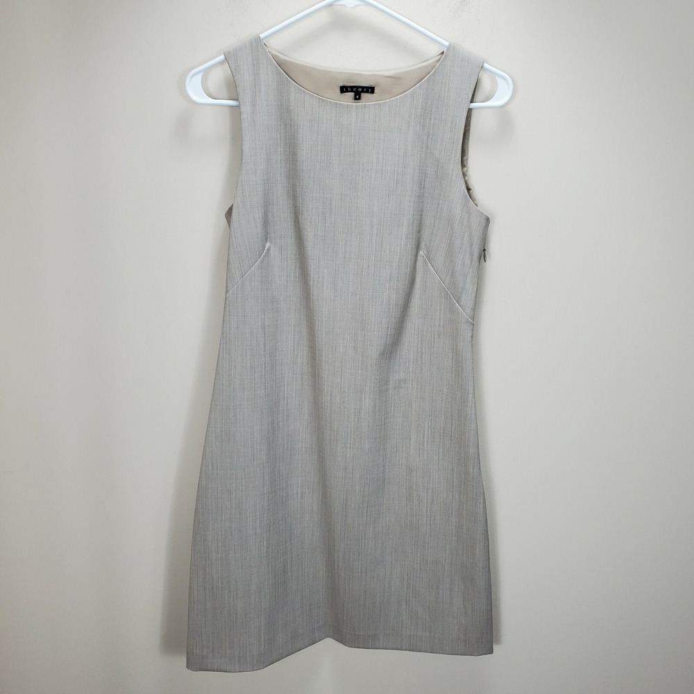 theory tan sheath dress womens sz 4 side zip scoop neck‎